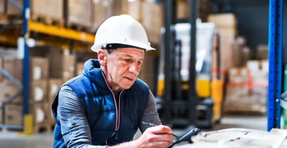 homme avec un casque de chantier sur la tête qui encode des données dans un appareil à l'intérieur d'un hangar