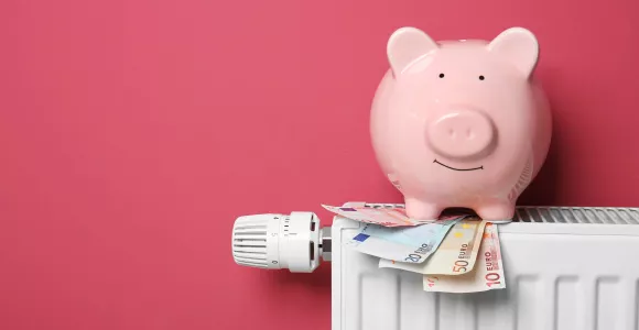 Une tirelire et des billets d'Euro sur un radiateur