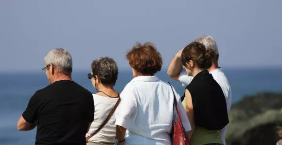 Un groupe de retraités observe une étendue d'eau