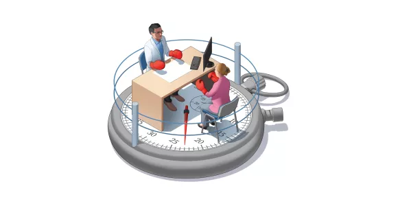 Illustration de Daniel cadre montrant un médecin et une patiente dans un ring de boxe