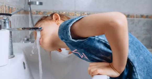 Une fille boit l'eau du robinet