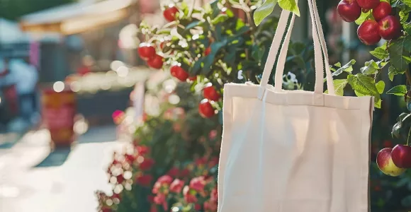 Un sac accroché à un pommier dans une rue en ville.