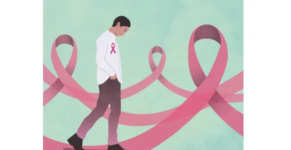 Illustration d'un homme marchant sur les rubans roses du cancer du sein