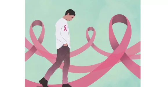 Illustration d'un homme marchant sur les rubans roses du cancer du sein