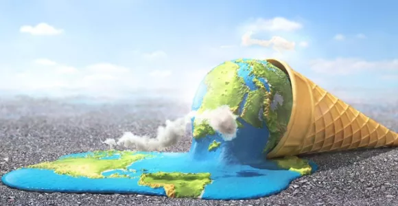 Illustration de la planète Terre qui fond dans un cornet de glace