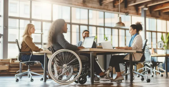 personnes en chaise roulante sur un plateau de travail avec ses collègues