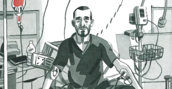 Dessin de Jean-Christophe Chauzy assis sur son lit d'hopital