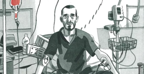 Dessin de Jean-Christophe Chauzy assis sur son lit d'hopital