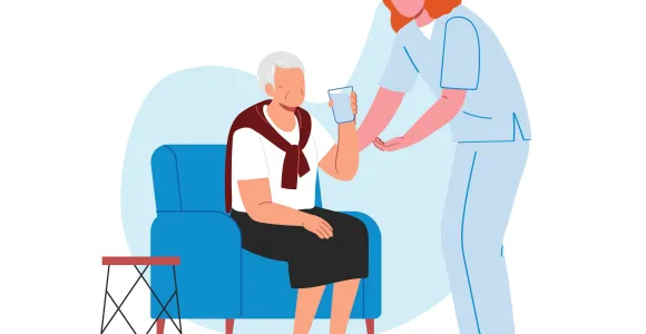 dessin d'une infirmière donnant un verre d'eau à une dame assise dans un fauteuil