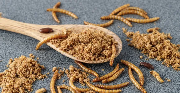 Farine d'insectes présentée dans une cuillère en bois