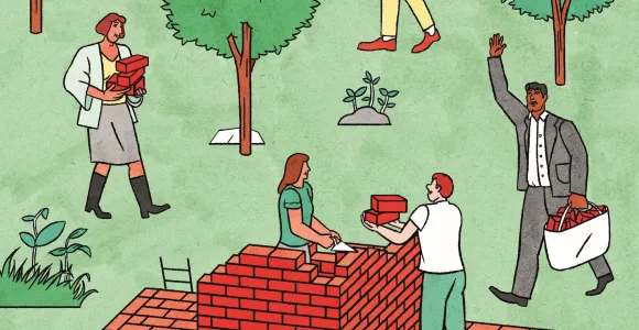 Illustration montrant des personnes construisant brique par brique une croix, symbole des soins de santé