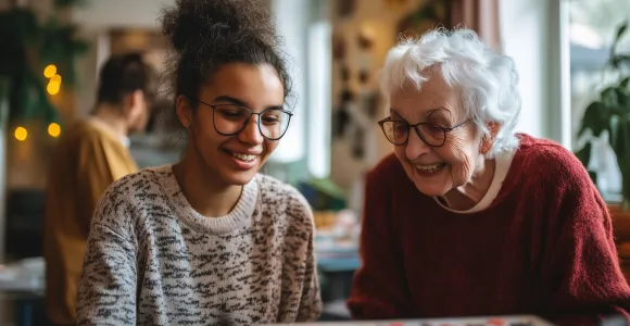 une jeune fille aide une senior