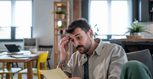 Un homme lit, inquiet, un courrier qu"il a reçu. 