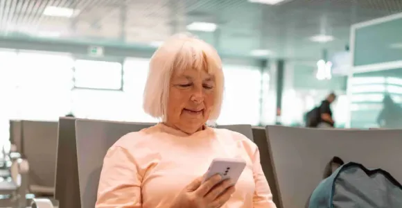 Une dame assise dans un aéroport regarde son passeport
