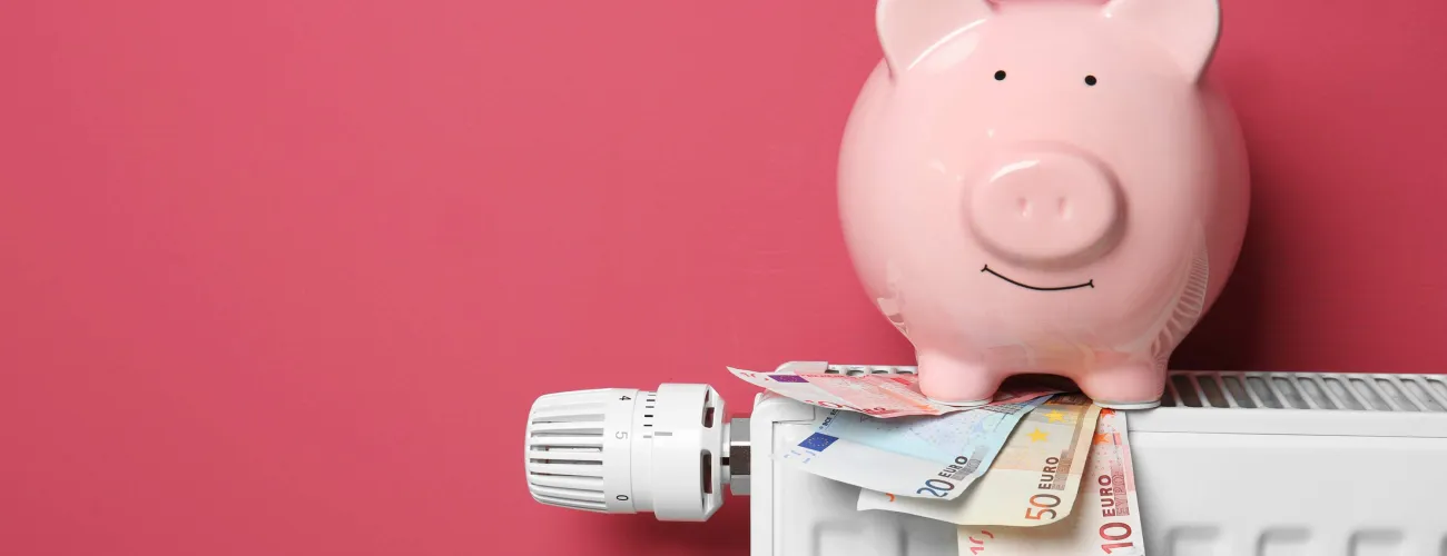Une tirelire et des billets d'Euro sur un radiateur