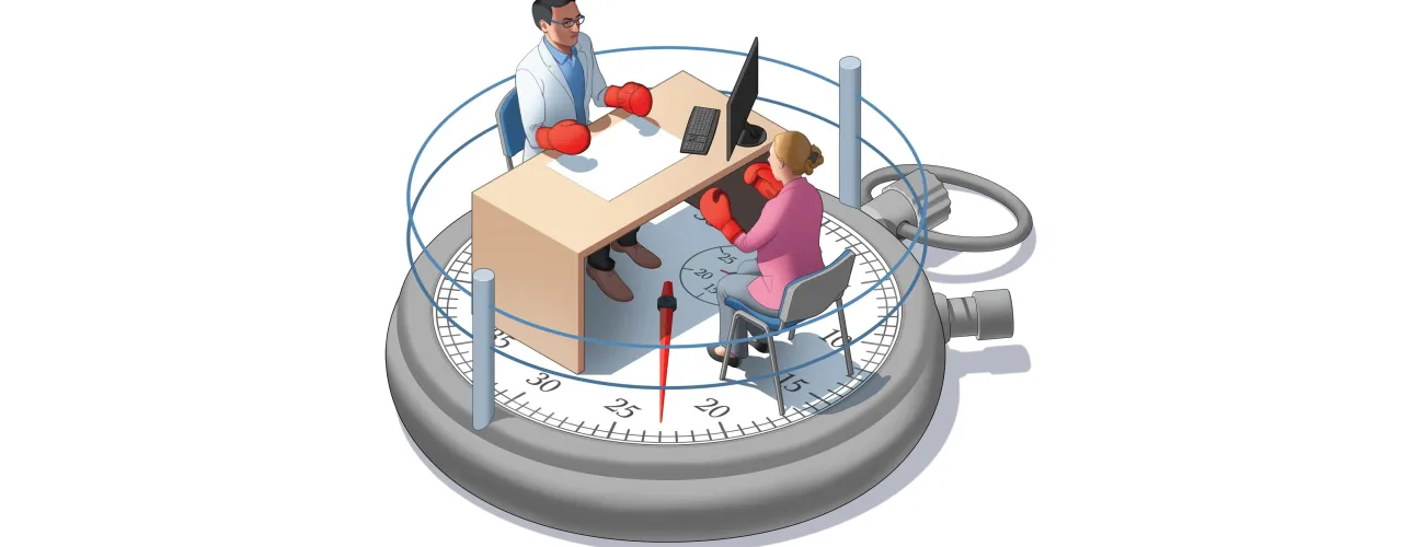 Illustration de Daniel cadre montrant un médecin et une patiente dans un ring de boxe