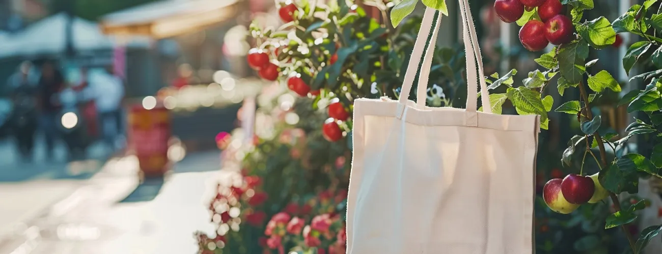 Un sac accroché à un pommier dans une rue en ville.