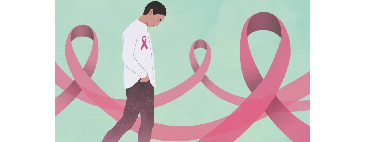 Illustration d'un homme marchant sur les rubans roses du cancer du sein