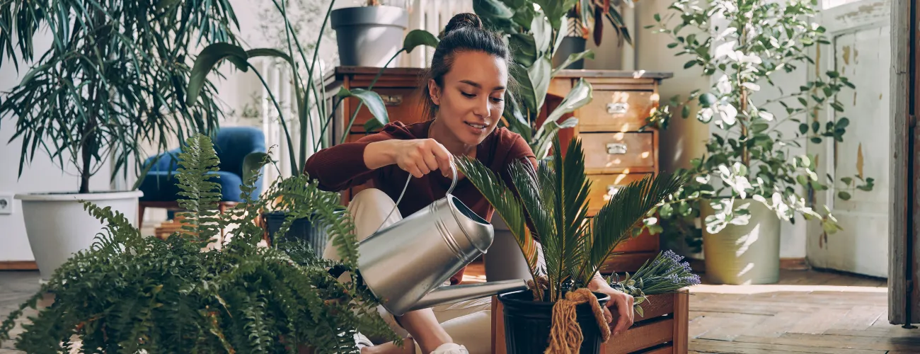 une femme arrose ses plantes d'intérieur