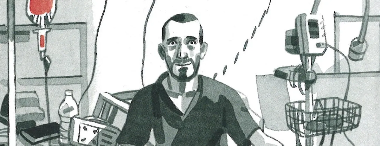 Dessin de Jean-Christophe Chauzy assis sur son lit d'hopital