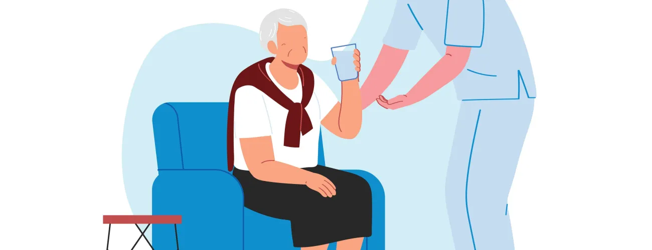 dessin d'une infirmière donnant un verre d'eau à une dame assise dans un fauteuil