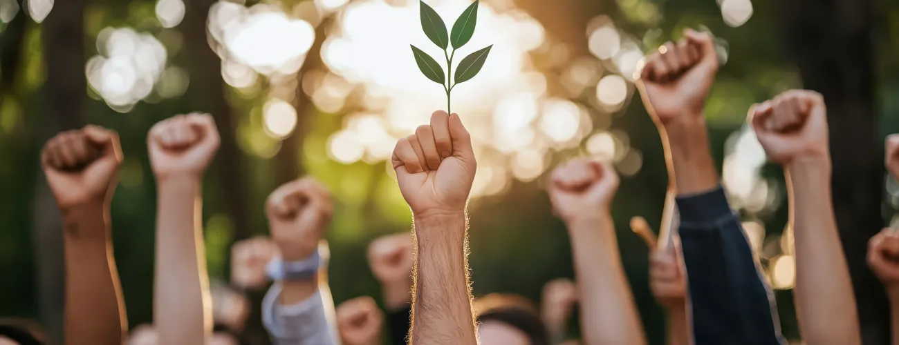 poings tendus de manifestant.e.s