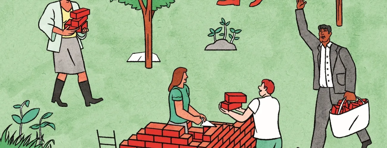 Illustration montrant des personnes construisant brique par brique une croix, symbole des soins de santé