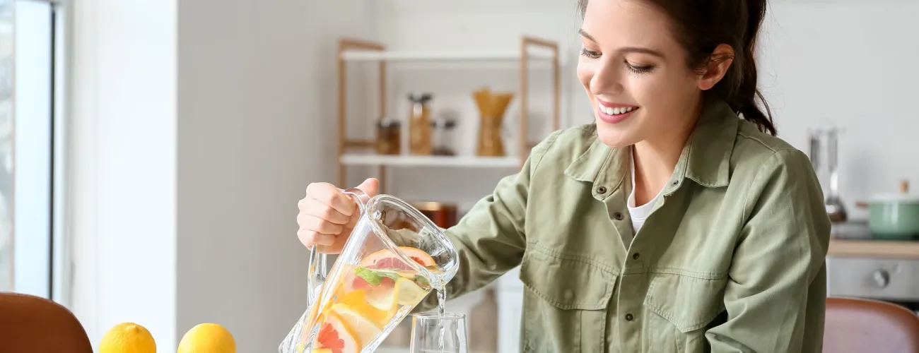 Une femme boit de l'eau aromatisée avec des quartiers d'orange