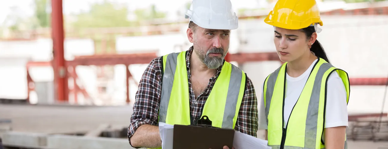 Une femme et son collègue regardent ensemble un document sur chantier