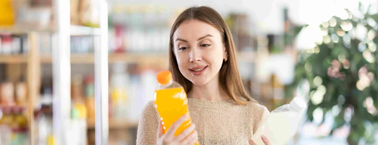 Une femme comprare deux bouteilles de sodas dans un magasin
