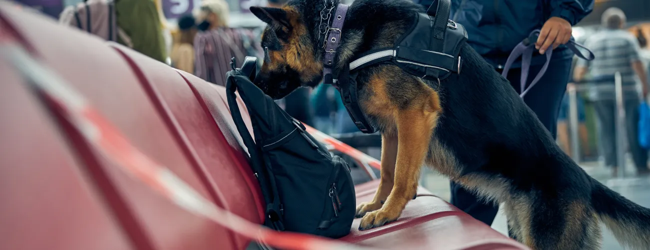 un chien renifle un colis