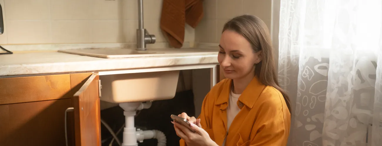 Une jeune femme examen la plomberie en dessous de l'évier de cuisine