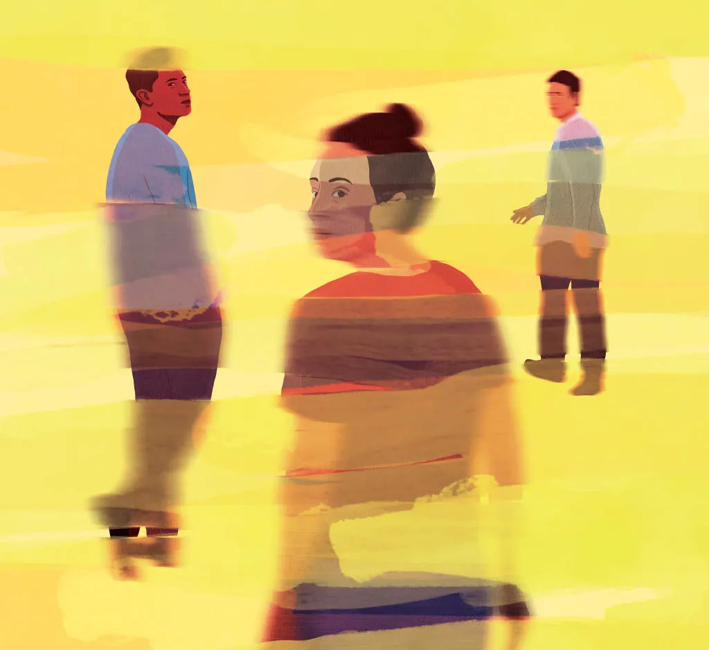 Illustration avec 3 personnes dans un brouillard jaune